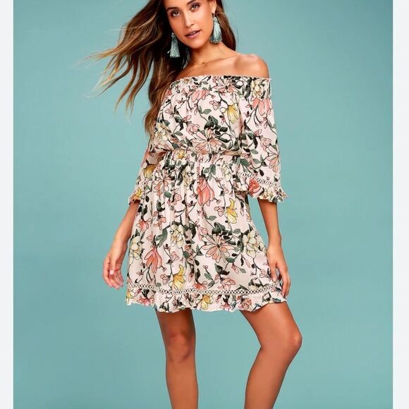 Lulus Hello Darling Blush Pink Floral Print Off-the-Shoulder Dress Womens Medium - Picture 1 of 4